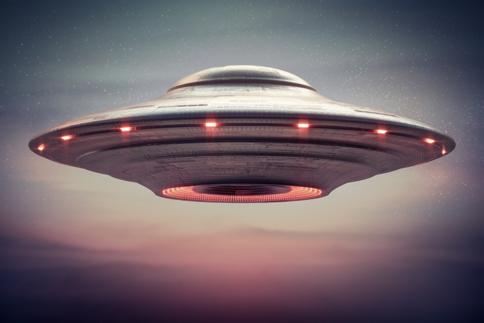 3D illustration of a futuristic UFO flying at sunset.