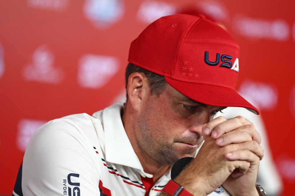 Keegan Bradley, captain of Team United States, speaks to the media at the 2025 Ryder Cup.