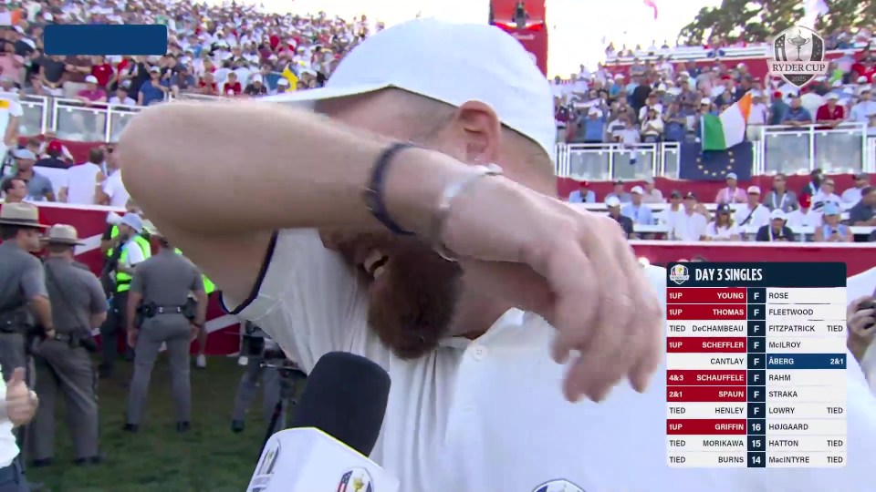 Shane Lowry wiping tears from his eyes after Europe won the Ryder Cup.