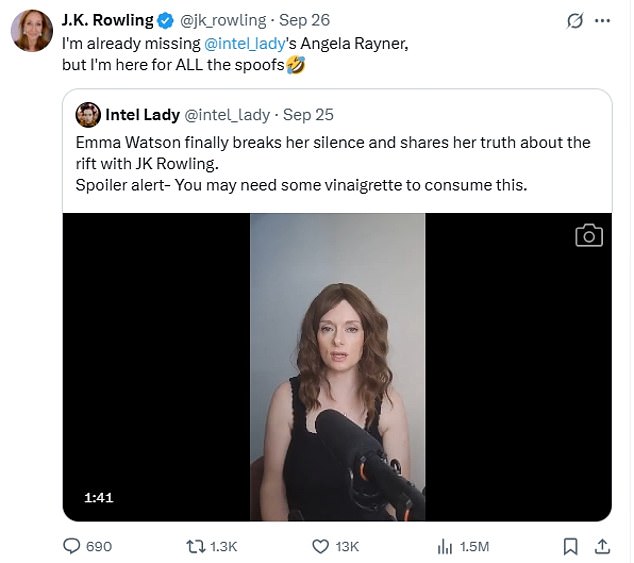 While Emma said she 'still treasures' Rowling, it doesn't seem that the author shares the same feeling as she shared a spoof clip of Emma in the interview to X