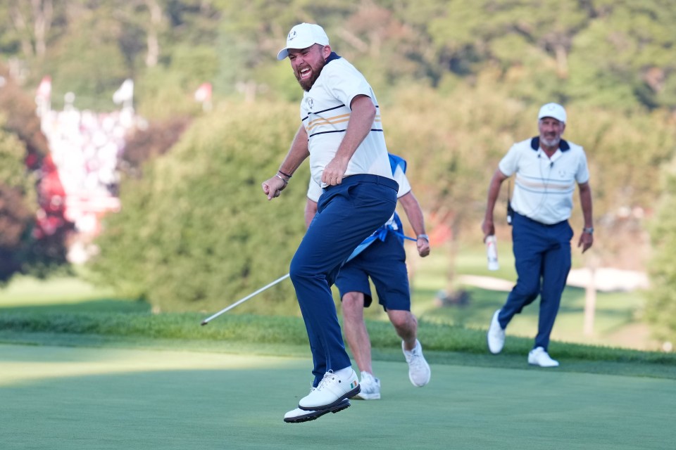 Shane Lowry of Team Europe celebrating a putt on the 18th green during the Ryder Cup.