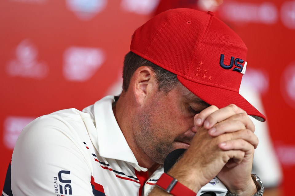 Captain Keegan Bradley of Team United States speaking to the media after Team Europe's 15-13 win over Team United States during the Sunday singles matches of the 2025 Ryder Cup.