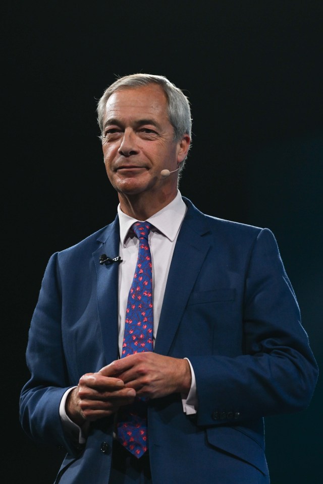 Nigel Farage, leader of Reform UK, delivering a speech at the annual Reform UK party conference.