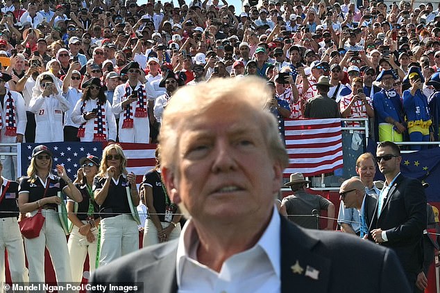 The post continued: 'Have your groceries gotten cheaper? Has your health insurance premium gone down? Has your work/life balance improved? Can you take a vacation yet?' (Trump pictured last Friday)