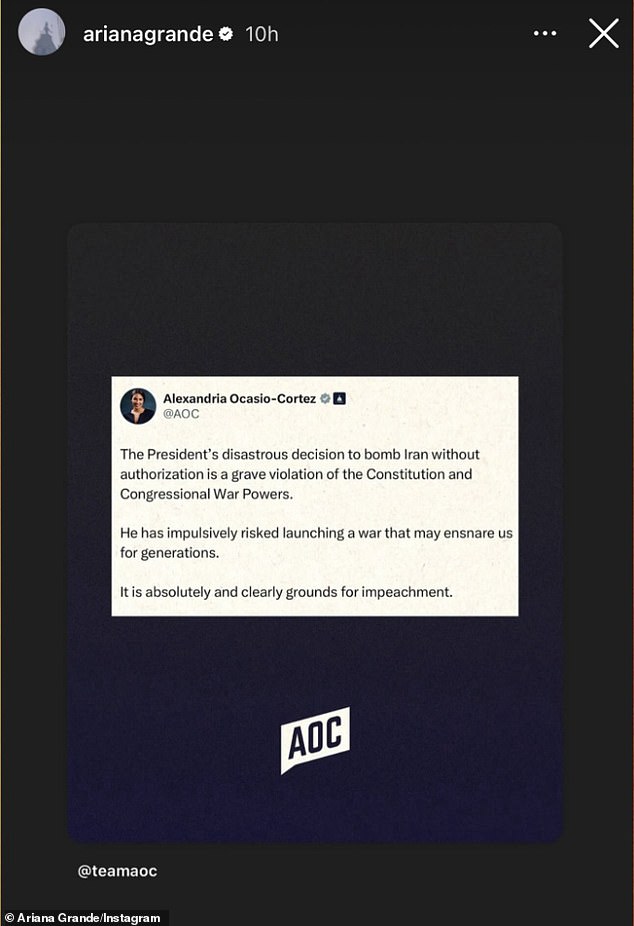 The Florida-born former child star's post came three months after she Instastoried Congresswoman Alexandria Ocasio-Cortez's tweet calling for the 79-year-old Republican politician's third impeachment for his 'disastrous decision to bomb Iran without authorization' (posted June 21)