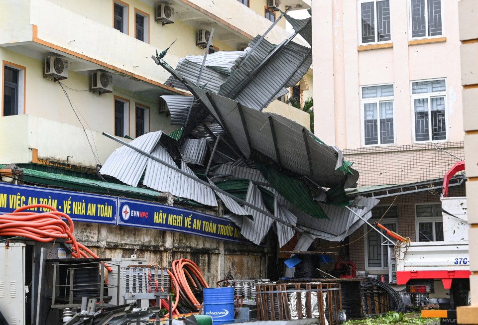 Corrugated iron roof blown off after typhoon Bualoi made landfall in Nghe An province, Vietnam.