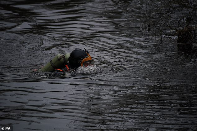 Police divers searching the water on February 7 - the day Mr Faulding flagged a potential target to them. They say the area was properly searched and nothing was found