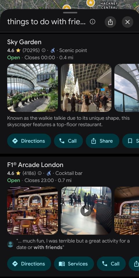 Smartphone screenshot showing Sky Garden and F1 Arcade London listings with photos.