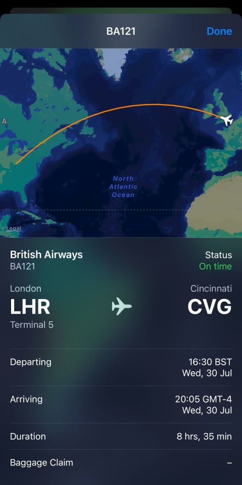 British Airways flight BA121 from London (LHR) to Cincinnati (CVG).