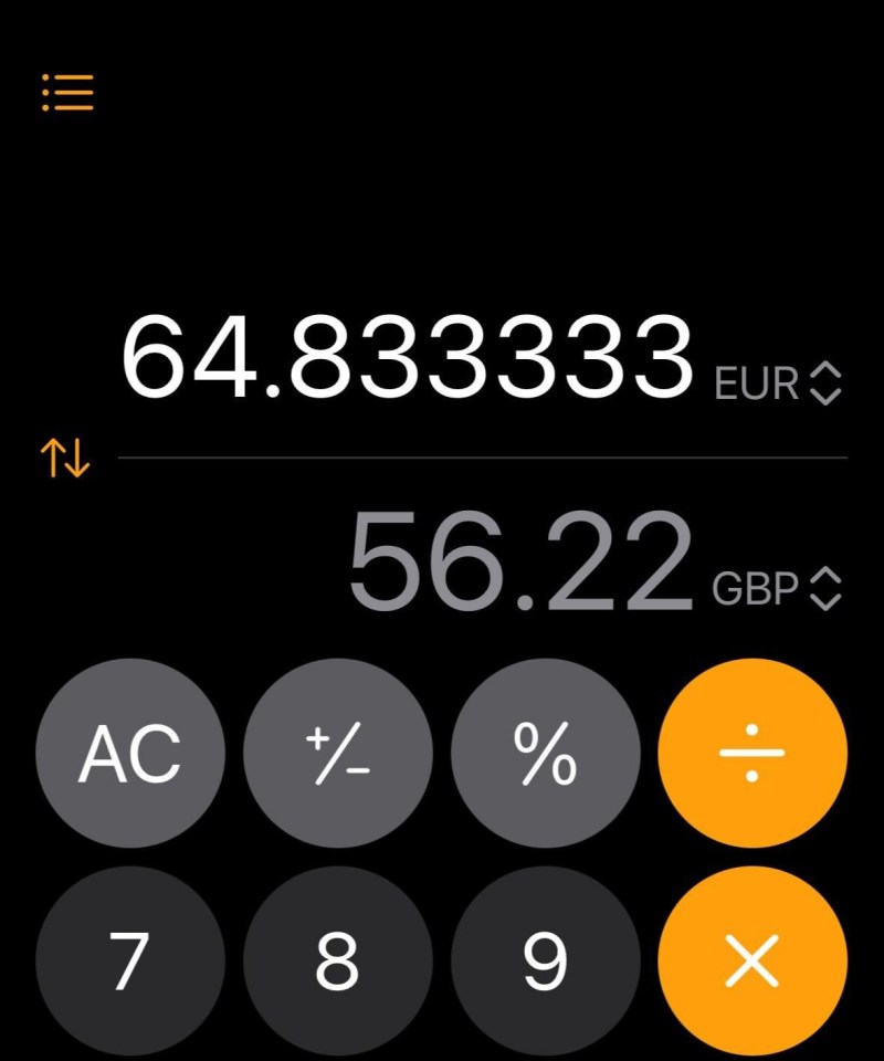 iPhone calculator showing currency conversion.
