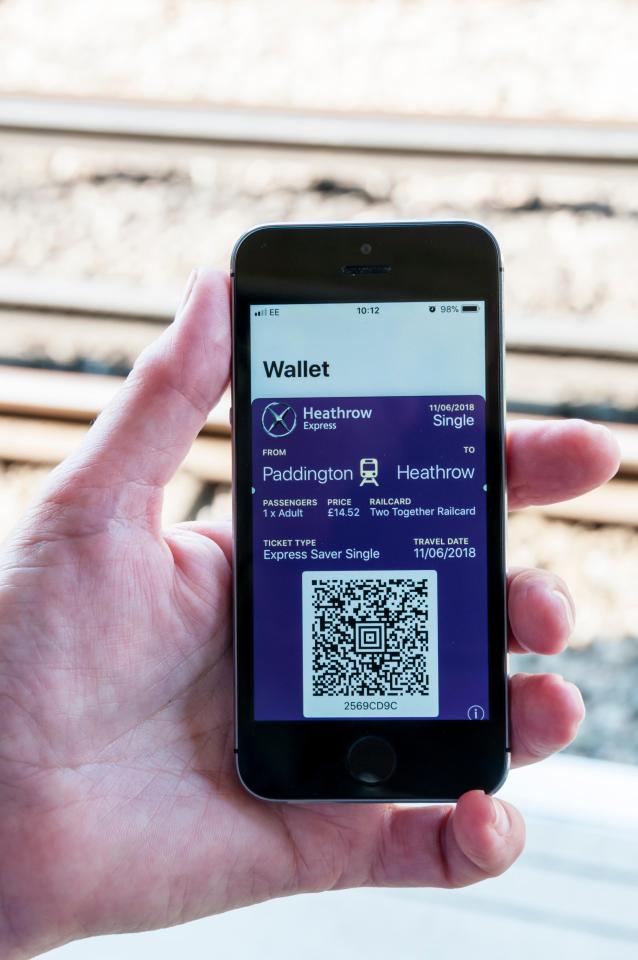 Smartphone displaying a digital Heathrow Express train ticket.
