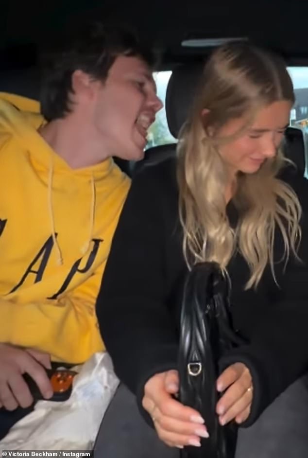 Harper appeared to be annoyed at her brother Cruz and dad as they headed home in a car while they both sang 1994's Supersonic