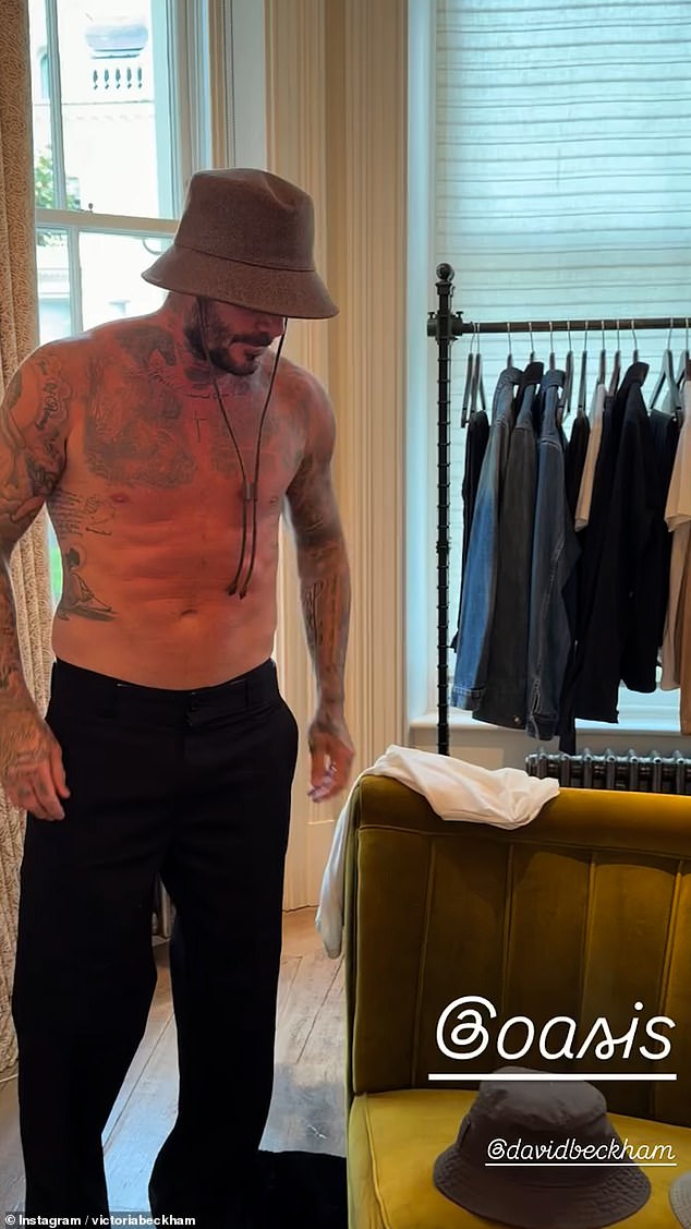 Prior to the concert, she also showed off David's buff body as he tried to choose what to wear. Unlike his wife, he succumbed to the bucket hat style