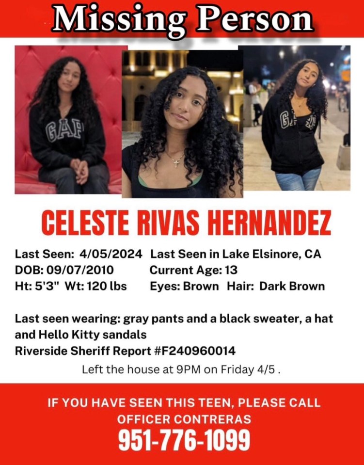 Missing Person poster for Celeste Rivas Hernandez, a 13-year-old female, 5'3", 120 lbs, with brown eyes and dark brown hair, last seen on 4/05/2024 in Lake Elsinore, CA.