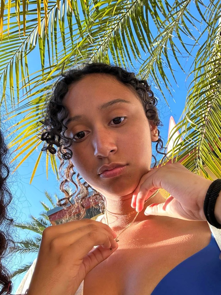Celeste Rivas, the victim whose body was found in singer D4vd's Tesla, shown in a close-up photo under palm trees.