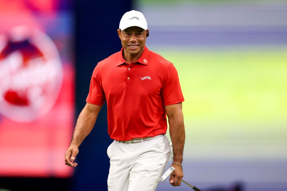 PALM BEACH GARDENS, FLORIDA - FEBRUARY 18: Tiger Woods of Jupiter Links Golf Club looks on while playing the fourth hole during their TGL presented by SoFi match against New York Golf Club against New York Golf Club at SoFi Center on February 18, 2025 in Palm Beach Gardens, Florida. (Photo by Megan Briggs/TGL/TGL via Getty Images)
