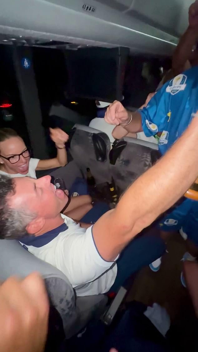 Stoll is pictured with a champagne glass in hand, joyously belting out the lyrics to show how McIlroy had got into the heads of the United States fans in a moment of sweet revenge