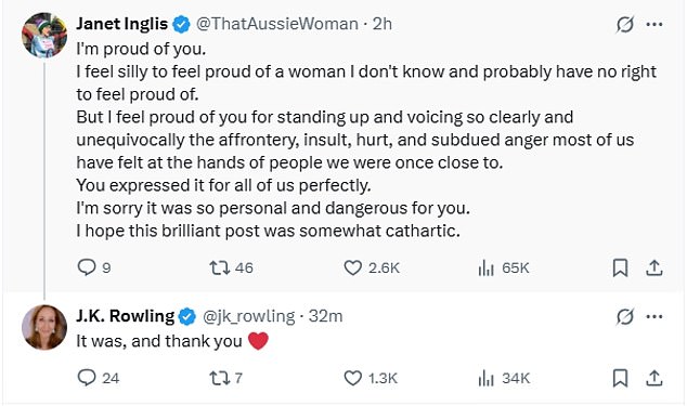 Ms Rowling has received an outpouring of support following her post on X today