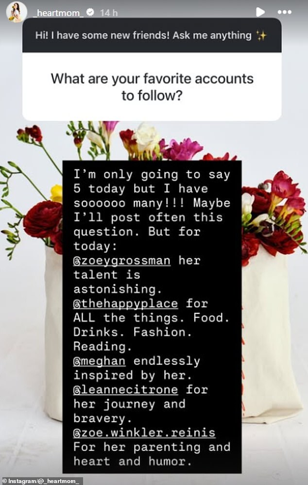 She also listed Meghan's accounts as one of her favourites to follow on Instagram, saying she is 'endlessly inspired by her'
