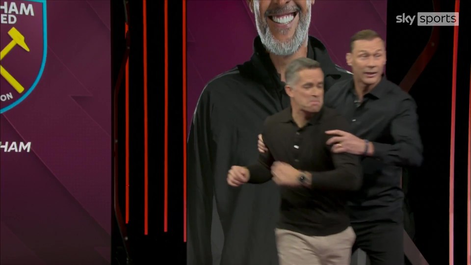 Duncan Ferguson playfully "throws" Dave Jones around the Sky Sports studio.