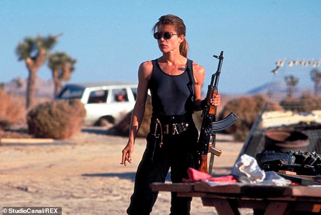 Hamilton, 69, who famously played Sarah Connor in the 1991 classic (pictured) , cozied up to Patrick, 66, who portrayed the chilling android assassin T-1000