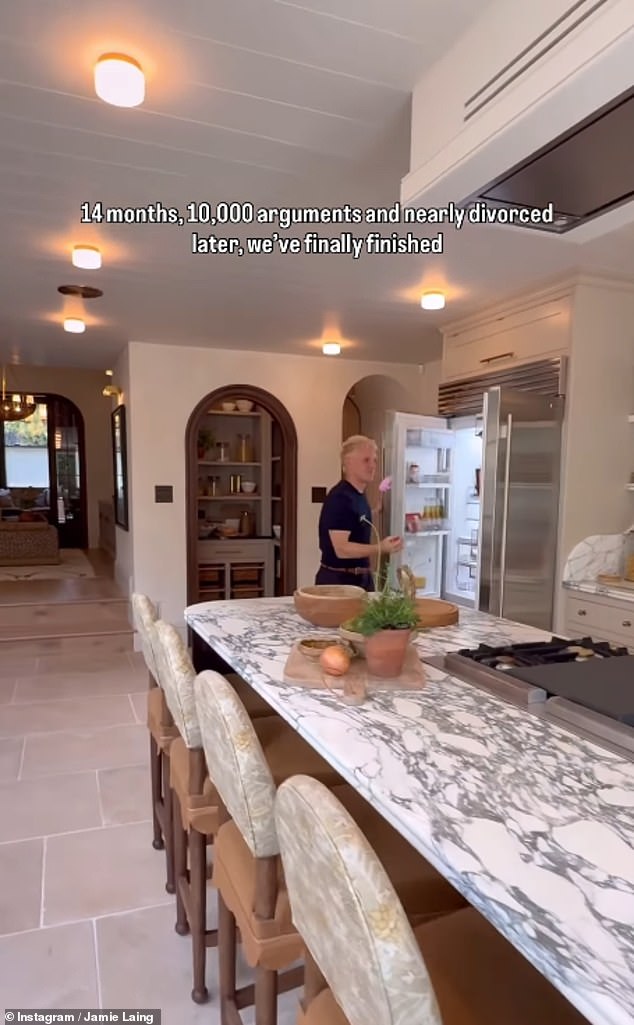 He took his 1.6million followers on a tour of the downstairs, proudly showing them a Mediterranean-style open plan kitchen with a sprawling, marble topped island at its centre