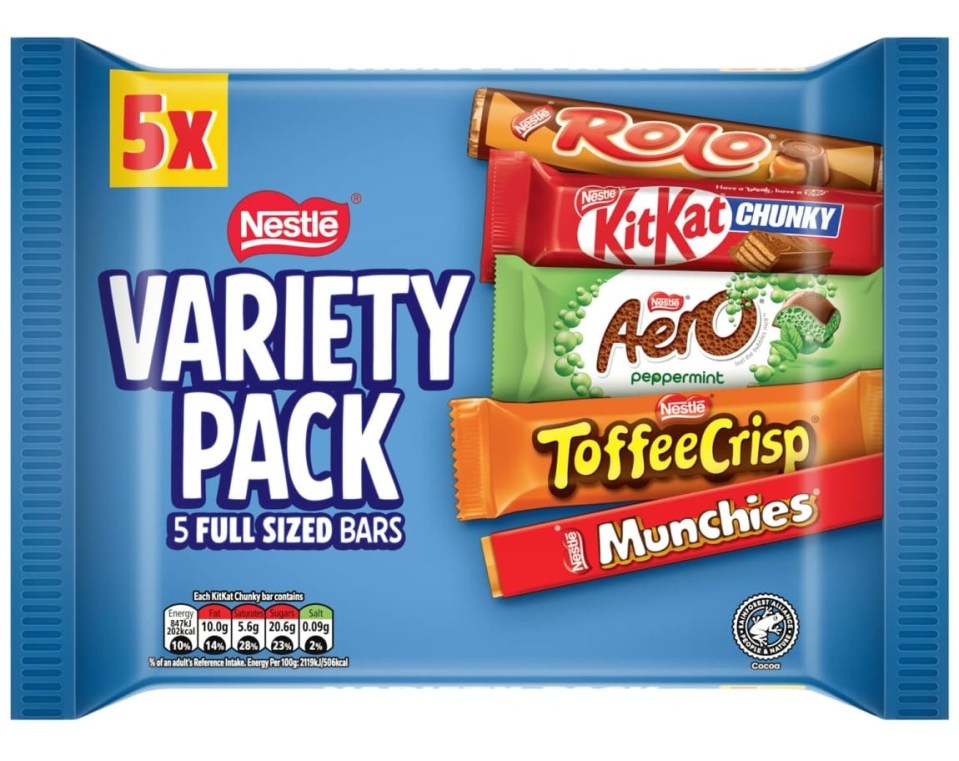 Nestle Variety Pack with 5 full-sized chocolate bars: Rolo, Kit Kat Chunky, Aero peppermint, Toffee Crisp, and Munchies.