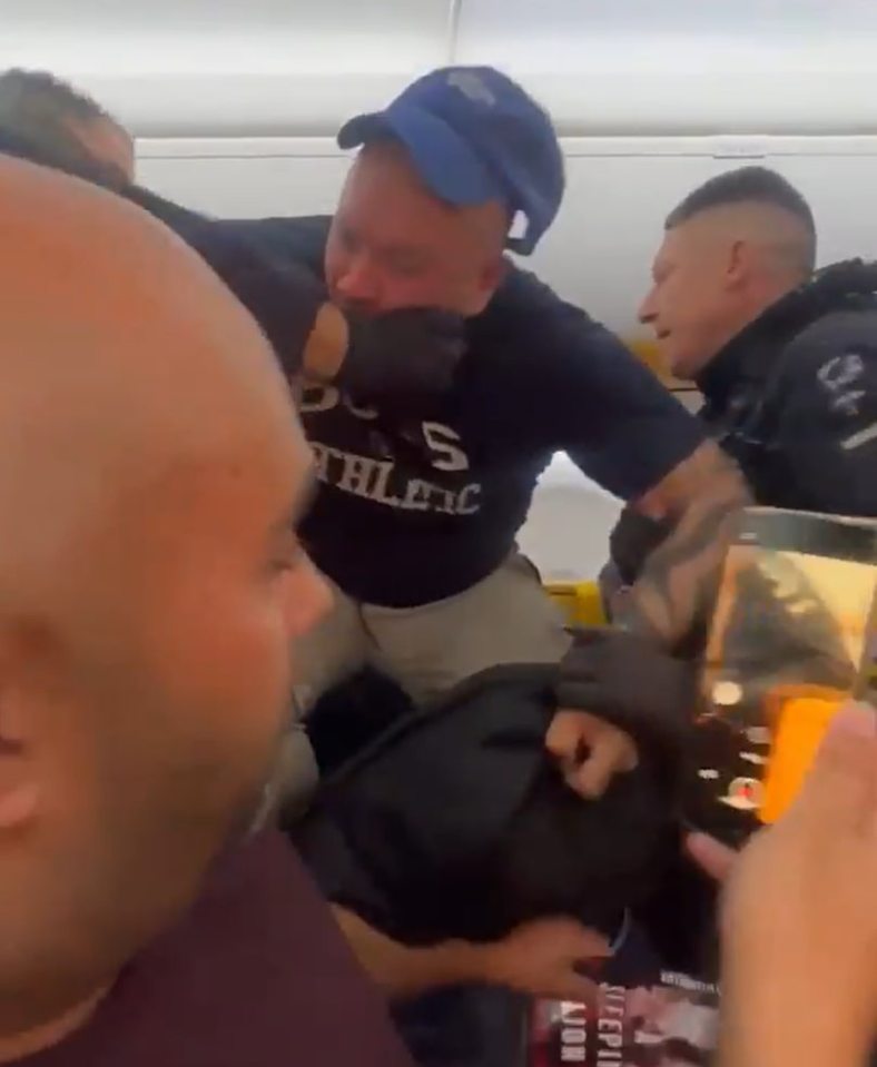 Armed police apprehending a man in a blue cap on a Ryanair flight.
