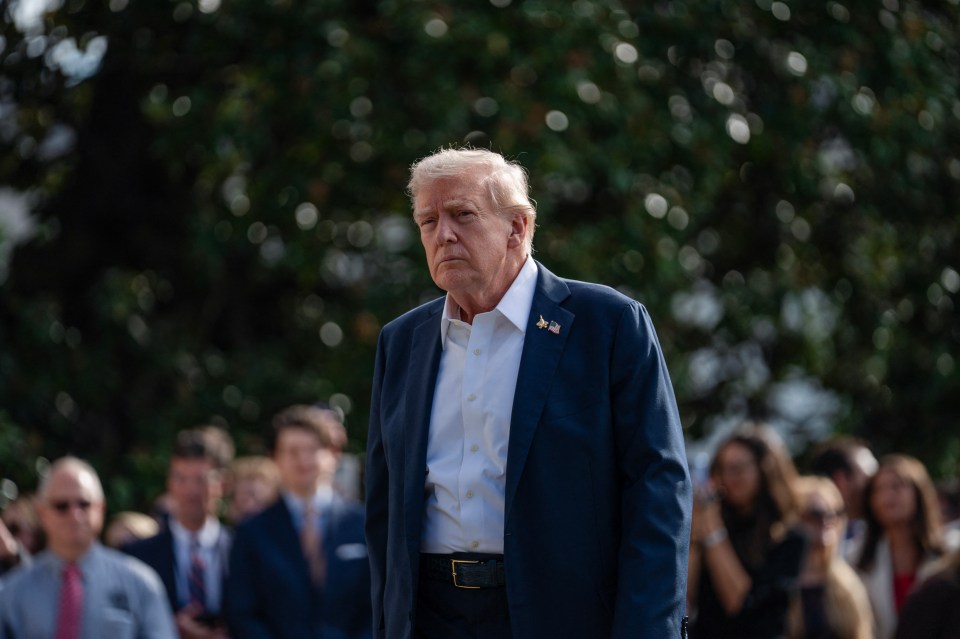 Donald Trump walking in a suit with a small American flag pin and a military jet pin on his lapel.