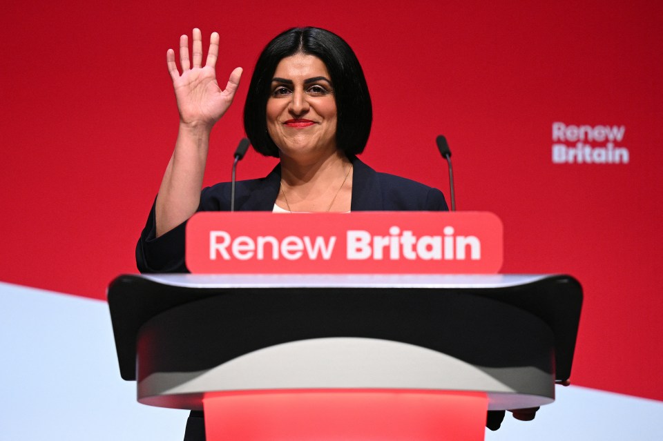 Britain's Home Secretary Shabana Mahmood addresses delegates on the second day of the annual Labour Party conference in Liverpool.