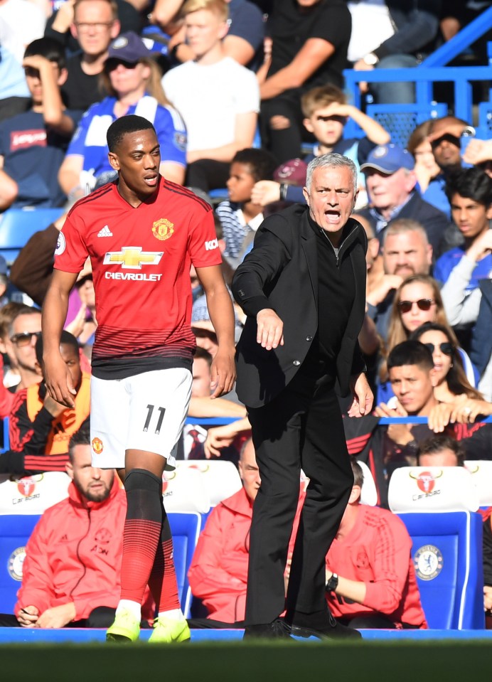 Manchester United manager Jose Mourinho shouting instructions to his player, Anthony Martial.