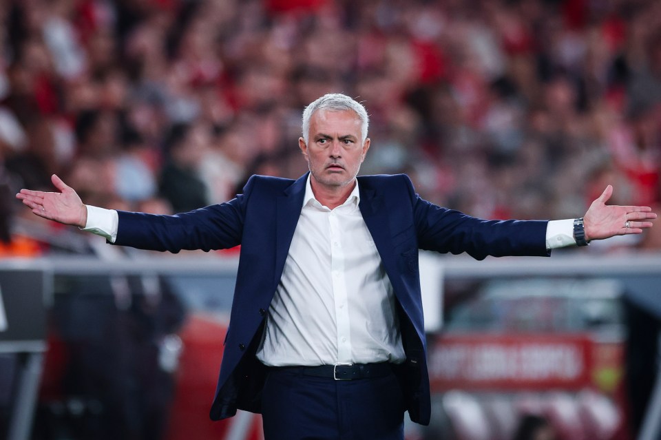 Benfica head coach Jose Mourinho reacts during a soccer match.