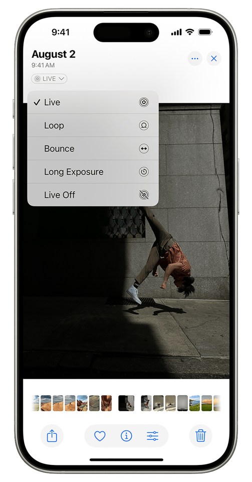 A smartphone displaying photo editing options for a Live Photo.