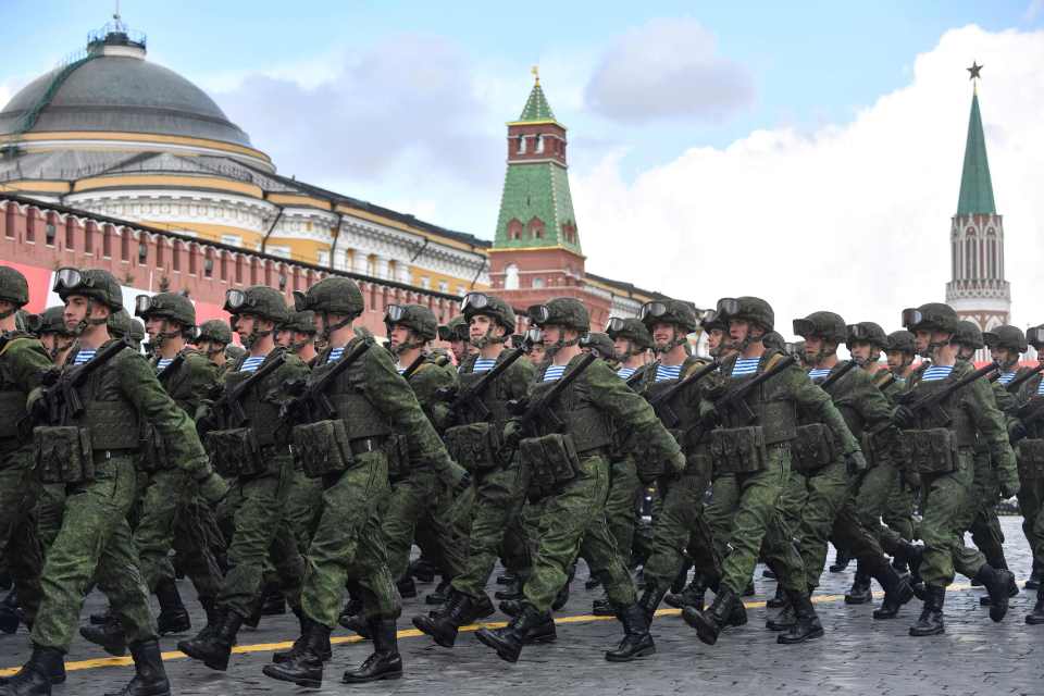 Russian servicemen marching on Red Square during the Victory Day military parade.