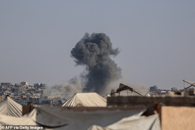 Smoke billows following an Israeli strike in Khan Yunis in the southern Gaza Strip, on September 29, 2025