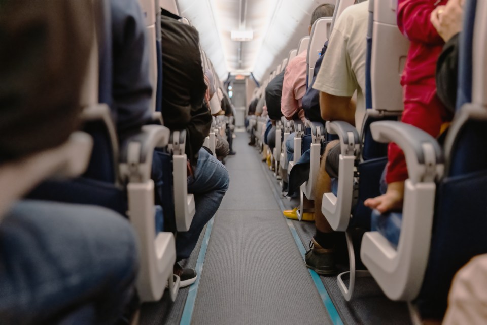 Airplane passengers seated in rows.