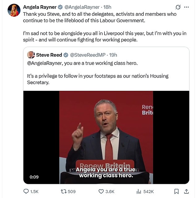 In a social media post on Monday - more than three weeks after her departure - Ms Rayner said she was 'sad' not to be attending Labour's conference in Liverpool