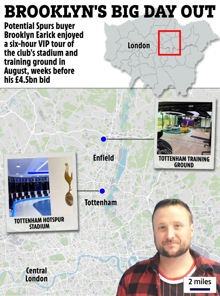 Map of London showing the location of Tottenham Hotspur Stadium and Training Ground, with insets of both locations and a portrait of potential Spurs buyer Brooklyn Earick.