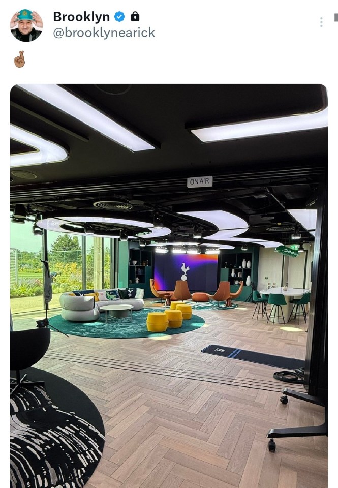 Brooklyn Earick's Twitter post displaying a modern office interior with a "ON AIR" sign and a large screen showing the Tottenham Hotspur logo.