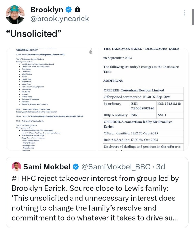 Screenshot of a tweet from Brooklyn Earick with "Unsolicited" above images of a Tottenham Hotspur Stadium tour itinerary and a disclosure table identifying a consortium led by Brooklyn Earick as an offeror.
