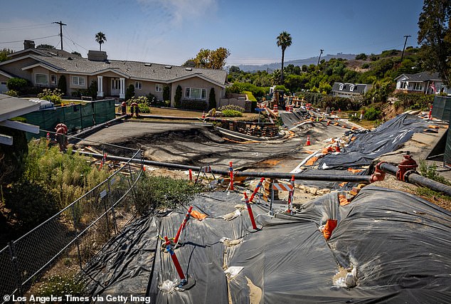 Severe landslide damage on Dauntless Drive near the Portuguese Bend Community on Sunday, Sept. 1, 2024