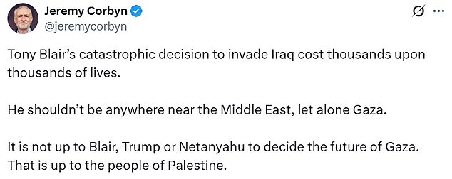 Jeremy Corbyn said Sir Tony 'shouldn't be anywhere near the Middle East' after his 'catastrophic decision to invade Iraq'