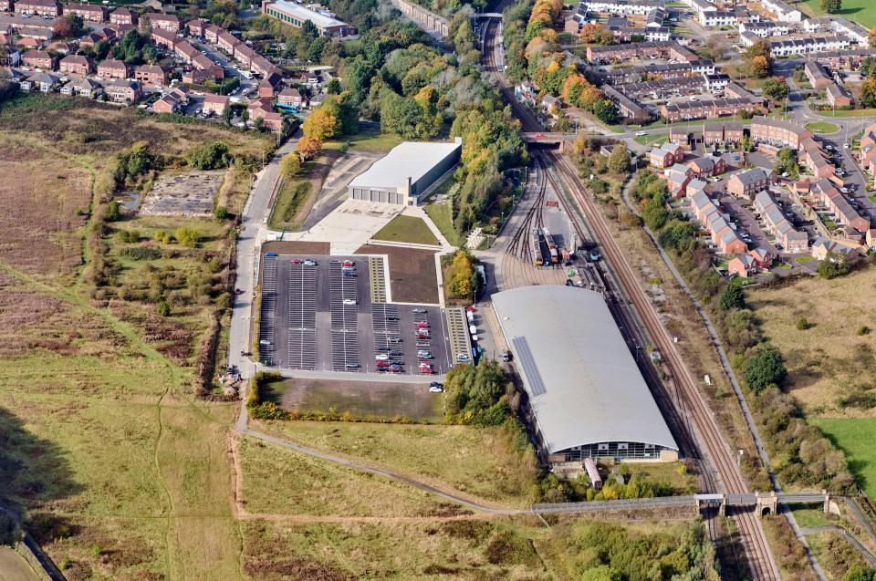 Drone shot of Locomotion Railway Museum in Shildon, County Durham, northern England, UK.