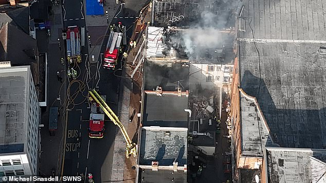 Bird's-eye view of the building after it was engulfed by a fire this morning