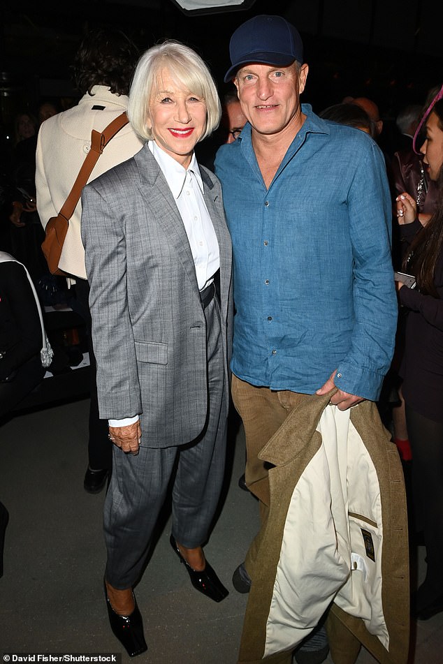 Helen Mirren also continued her run of stunning appearances at Fashion Week, this time mingling with fellow acting legend Woody Harrolson