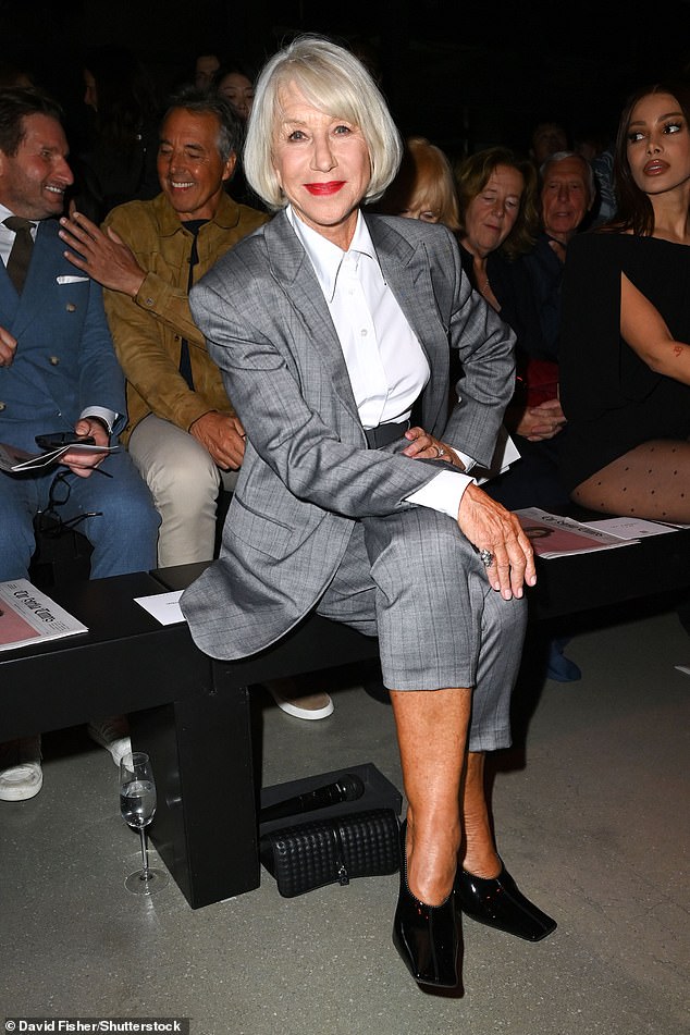 The Thursday Murder Club star cut a stylish figure in a sharp grey suit, with capri trousers and a sharp white shirt