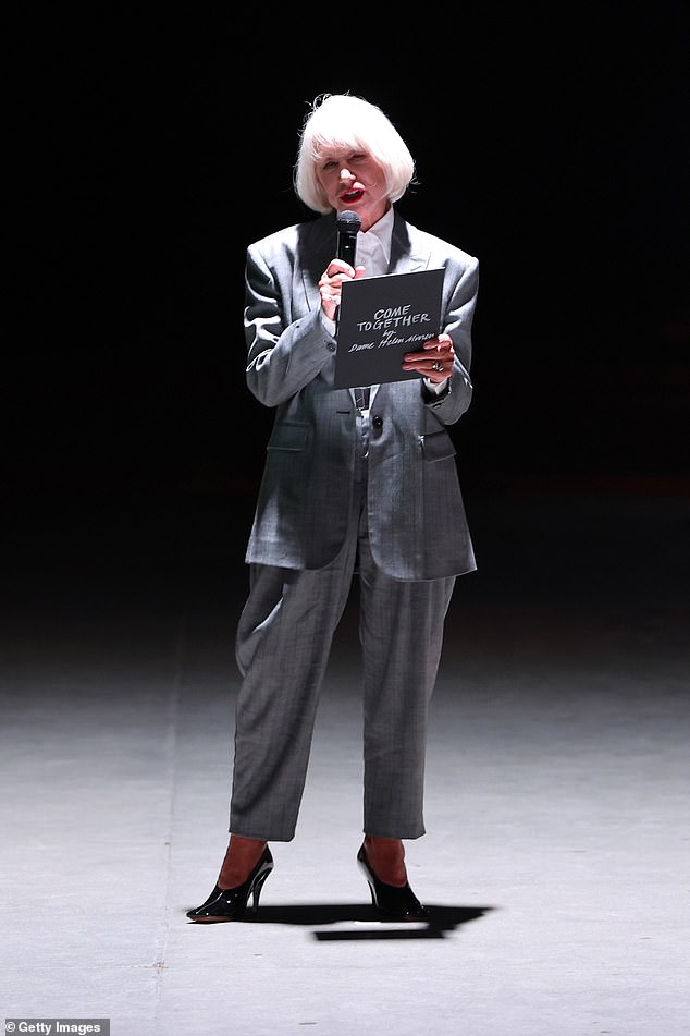 As one of the guests of honour at the show, Helen took to the runway to speak at the show, which was based around the theme of The Beatles' hit Come Together