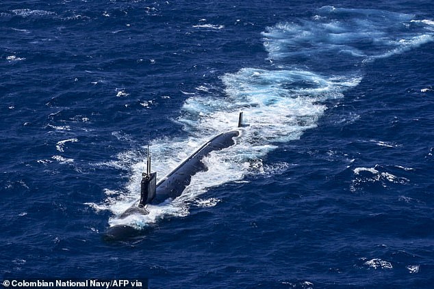 Trump said he had sent nuclear submarines to the coast of Russia. File photo: Handout photo released by the Colombian National Navy shows a view of a US nuclear submarine during military exercises 70 nautical miles (130 kilometers) off Cartagena, Colombia, on February 28, 2022