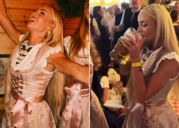 Glamorous footballer Alisha Lehmann downs huge stein as she celebrates Oktoberfest in traditional outfit