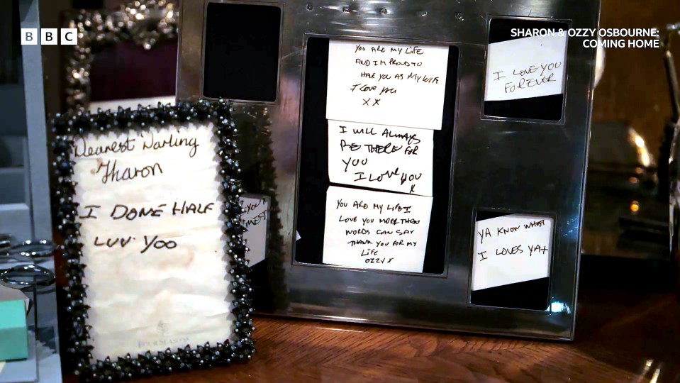 Two photo frames containing handwritten love notes from Ozzy Osbourne to Sharon Osbourne.